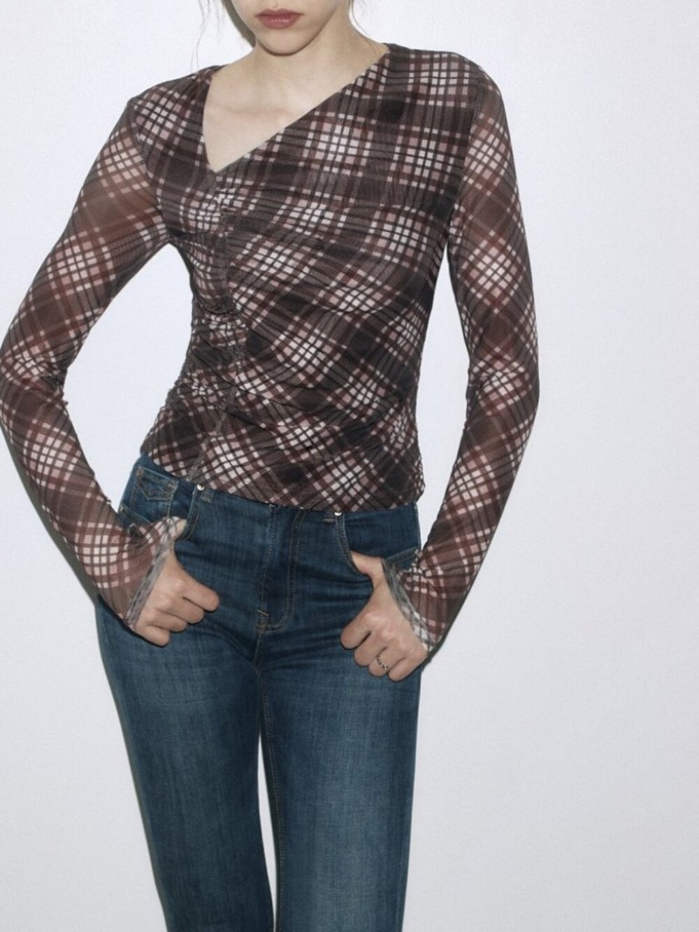 Brown Plaid Mesh Asymmetrical Neck Ruched Long Sleeve Top